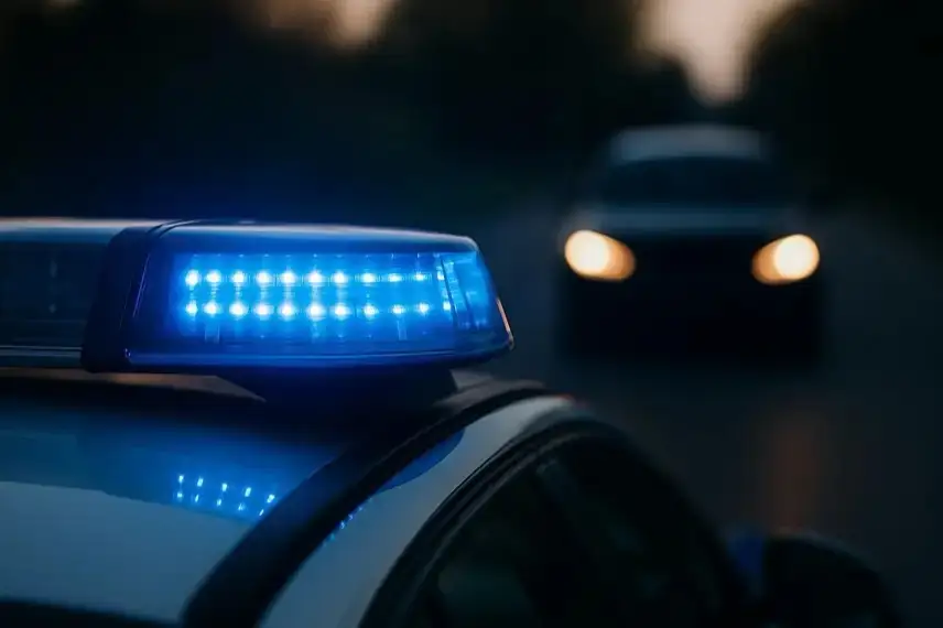 Blaulicht eines Polizeiwagens im Vordergrund, im Hintergrund ein unscharfes Auto mit eingeschalteten Scheinwerfern auf einer dunklen Straße.