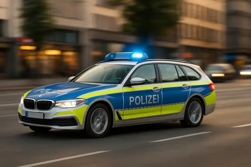 Ein deutsches Polizeiauto mit eingeschaltetem Blaulicht fährt auf einer Straße durch eine Stadt.