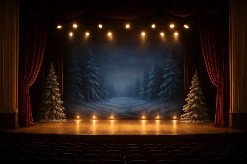 Winterlich dekorierte Theaterbühne mit rotem Vorhang, beleuchtetem Bühnenboden und einer gemalten Schneelandschaft im Hintergrund.