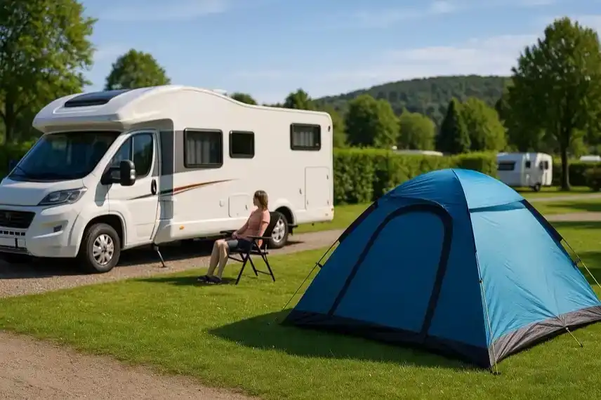 Wohnmobil und blaues Zelt auf grünem Campingplatz mit Bäumen und Hügeln im Hintergrund bei sonnigem Wetter.