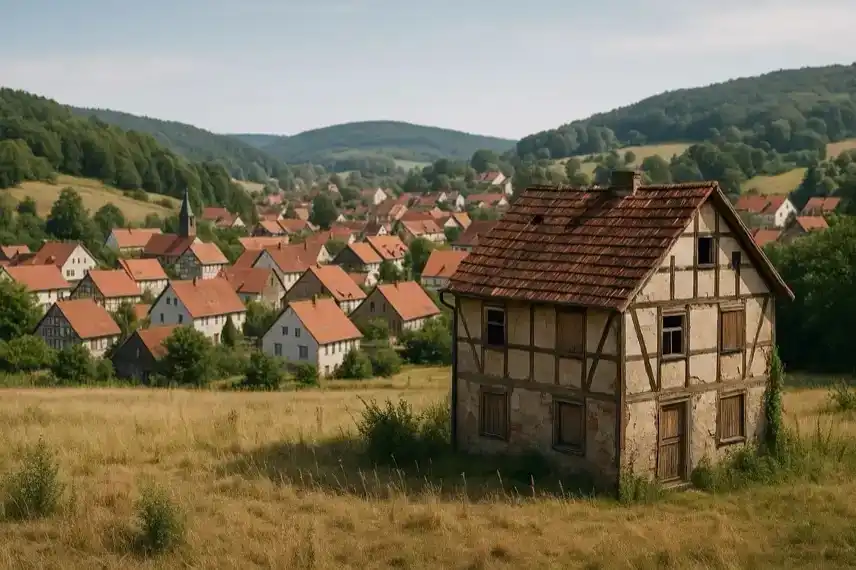 Abgewohntes Fachwerkhaus auf einer Wiese vor einem Dorf mit roten Ziegeldächern im Harz, umgeben von grünen Hügeln.