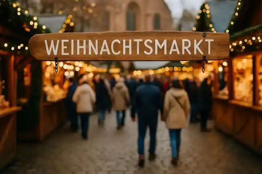 Menschen schlendern über einen festlich geschmückten Weihnachtsmarkt mit Holzbuden und Lichterketten bei Tageslicht.