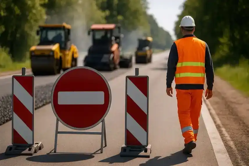 Straßenarbeiter in Warnkleidung steht vor Absperrungen auf einer gesperrten Landstraße mit Baumaschinen im Hintergrund.