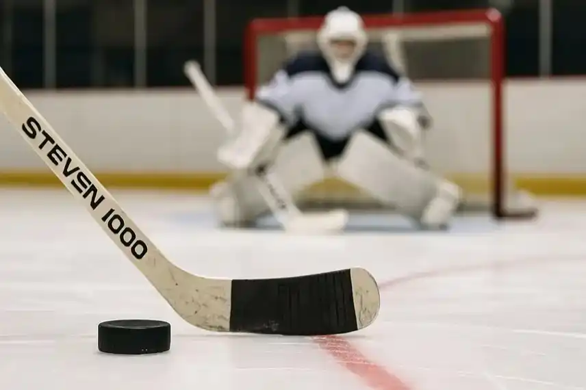 Nahaufnahme eines Eishockey-Pucks auf dem Eis mit einem Schläger im Vordergrund und einem unscharfen Torhüter im Hintergrund.