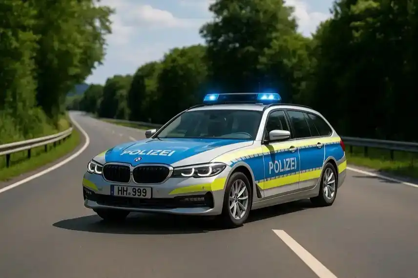 Deutsches Polizeiauto mit Blaulicht fährt tagsüber auf einer kurvigen Landstraße, umgeben von Bäumen und Leitplanken.
