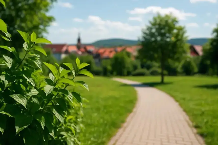 Grüne Sträucher im Vordergrund, dahinter ein gepflasterter Weg in einer Parklandschaft mit unscharfer Kleinstadt im Hintergrund.