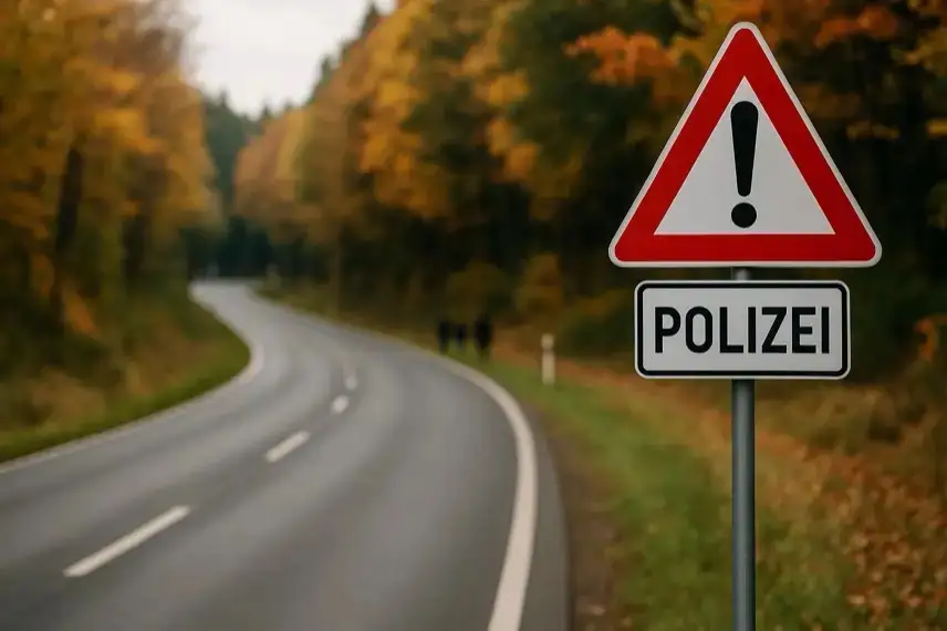 Herbstliche Landstraße im Harz mit Polizeiwarnschild im Vordergrund und unscharfem Straßenverlauf im Hintergrund.