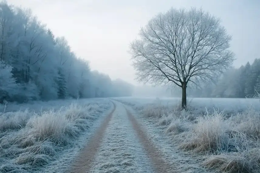 Frostbedeckter Weg durch eine Winterlandschaft mit kahlem Baum, Wiese und Wald im Hintergrund.