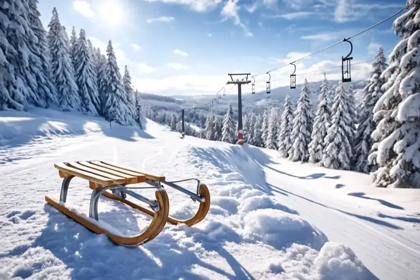 Verschneiter Hang mit Holzschlitten im Vordergrund, leere Sessellift-Anlage und schneebedeckte Bäume unter blauem Himmel bei Sonnenlicht.