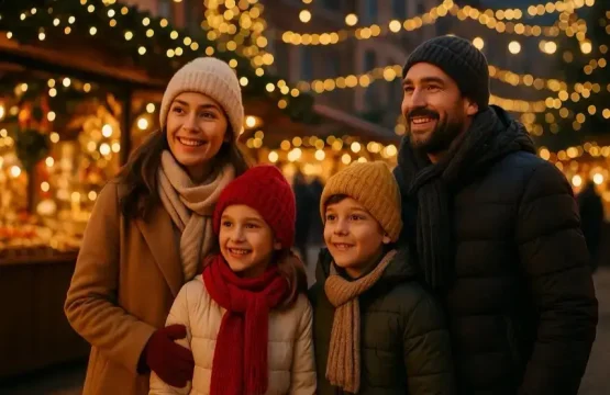 Familie mit zwei Kindern steht auf einem weihnachtlich beleuchteten Weihnachtsmarkt.