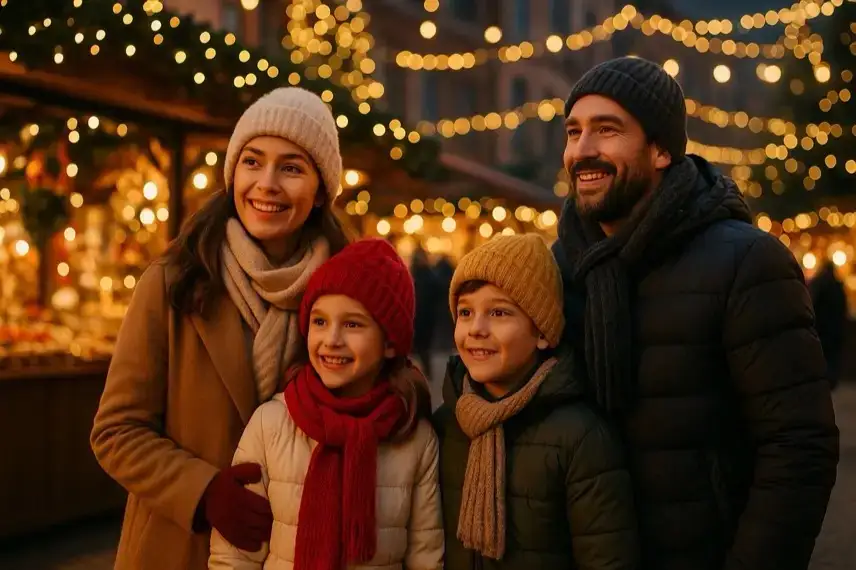 Familie mit zwei Kindern steht auf einem weihnachtlich beleuchteten Weihnachtsmarkt.