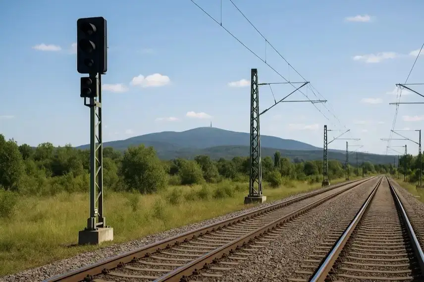 Fotorealistische Aufnahme von Bahngleisen mit Oberleitungen vor bewaldeter Hügellandschaft und dem Brocken im Hintergrund bei klarem Himmel.