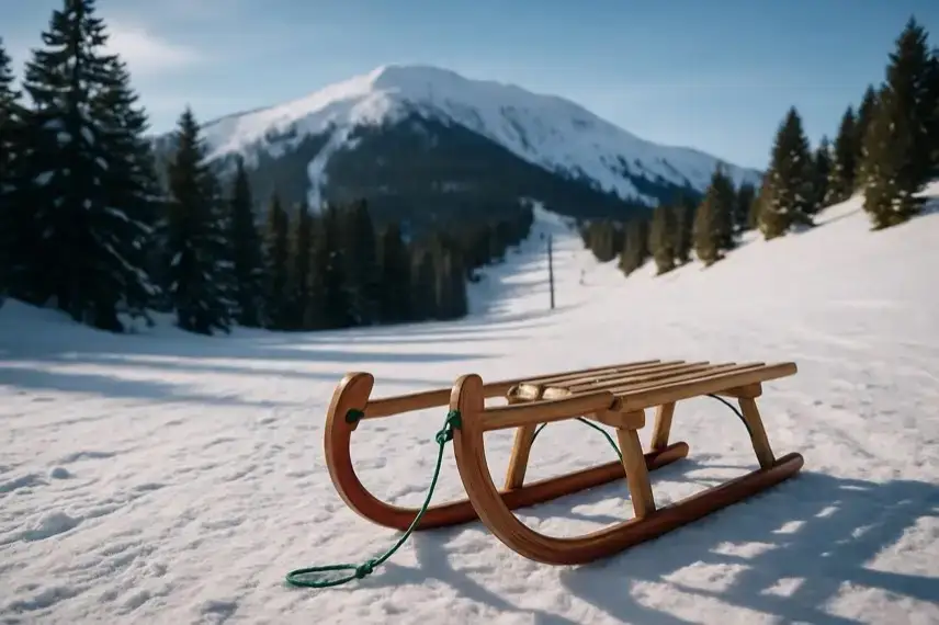 Holzschlitten steht auf einer verschneiten Piste mit Bäumen und Bergen im Hintergrund.
