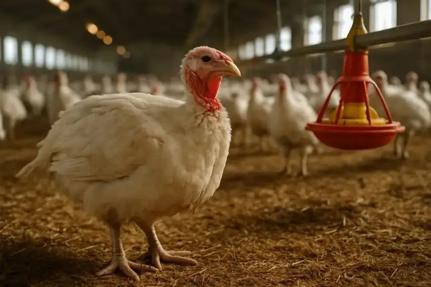 Weiße Pute in einem Geflügelstall mit unscharfen Tieren im Hintergrund und einem roten Futterspender.