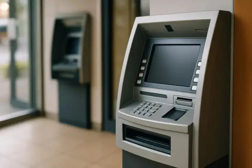 Ein moderner Kontoauszugsdrucker oder Geldautomat im hellen Vorraum einer Bank, frontal aufgenommen mit verschwommenem Hintergrund.