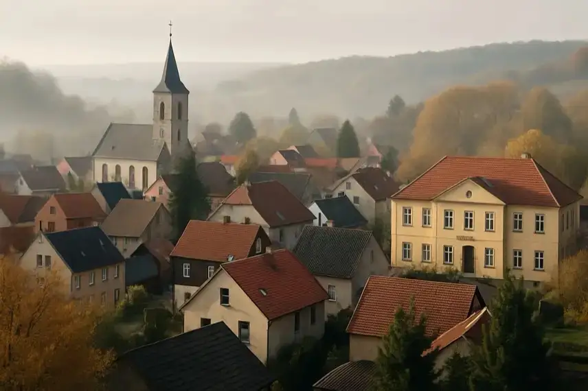 Fotorealistische Aufnahme eines herbstlichen Dorfes mit Kirche und Rathaus im Zentrum, aufgenommen bei morgendlichem Nebel mit natürlicher Tiefenschärfe.