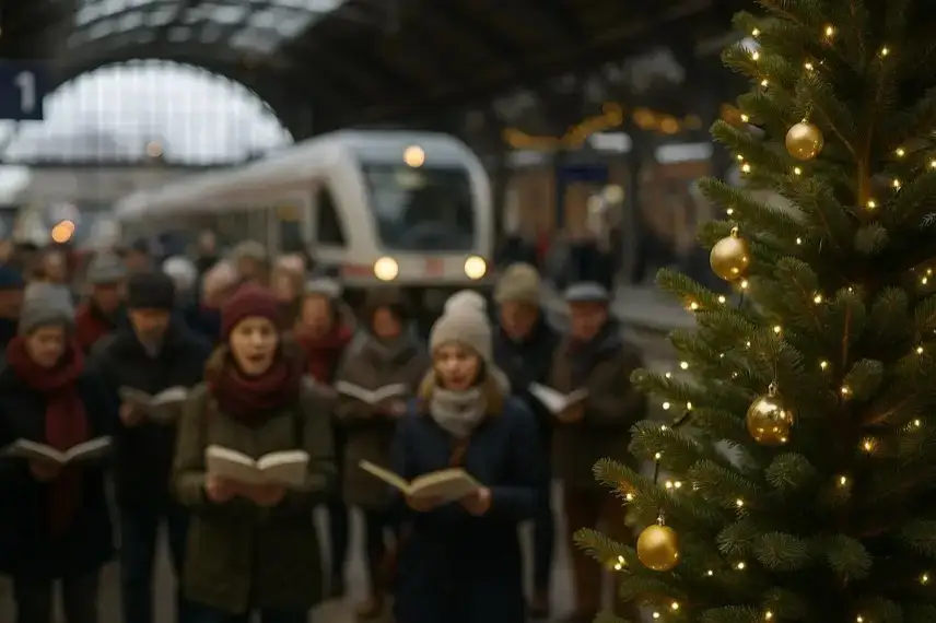 Ein festlich geschmückter Weihnachtsbaum im Vordergrund, dahinter eine Gruppe singender Menschen auf einem Bahnsteig mit stehender Regionalbahn im Hintergrund.