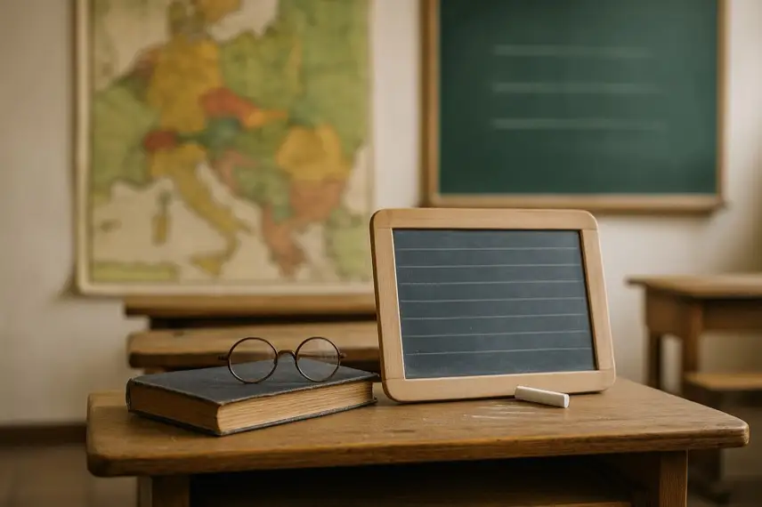 Alte Holzschulbank mit Schiefertafel, Kreide, Brille und Schulbuch, im Hintergrund eine Landkarte und grüne Kreidetafel in einem historischen Klassenzimmer.