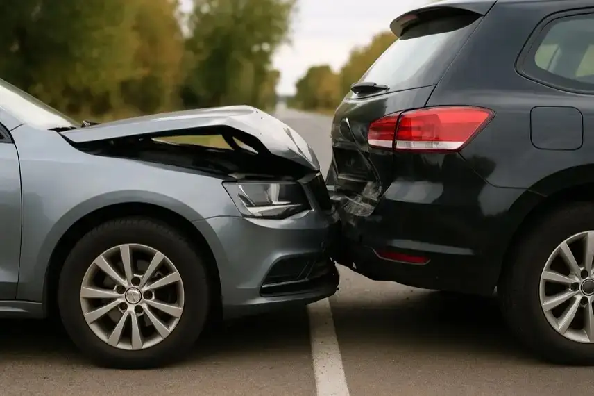 Zwei Autos nach einem Auffahrunfall auf einer Landstraße, das vordere Fahrzeug mit eingedrücktem Heck, das hintere mit beschädigter Front.