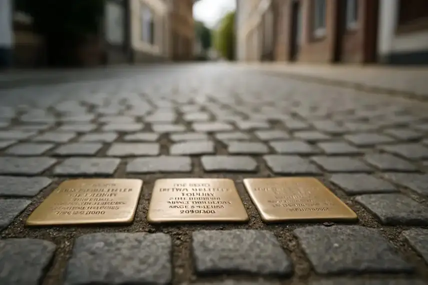 Drei glänzende Stolpersteine sind in eine gepflasterte Straße eingelassen, im Hintergrund unscharfe Häuserfassaden bei natürlichem Tageslicht.