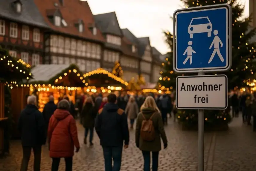 Ein Straßenschild mit der Aufschrift „Anwohner frei“ vor festlich beleuchteten Weihnachtsmarktständen in einer historischen Altstadt.