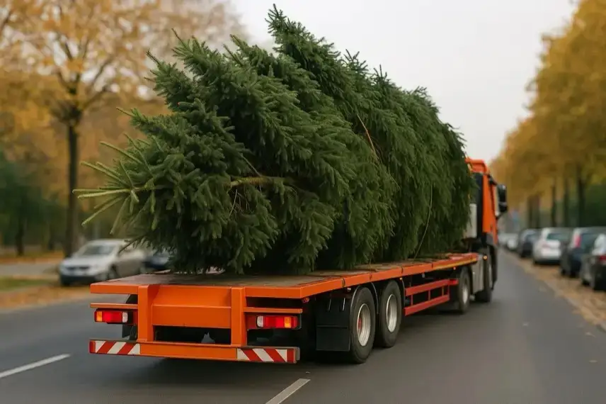 Großer Weihnachtsbaum auf einem Tieflader, der durch eine verschneite Waldlandschaft transportiert wird; fotorealistische Symbolaufnahme ohne erkennbare Personen.