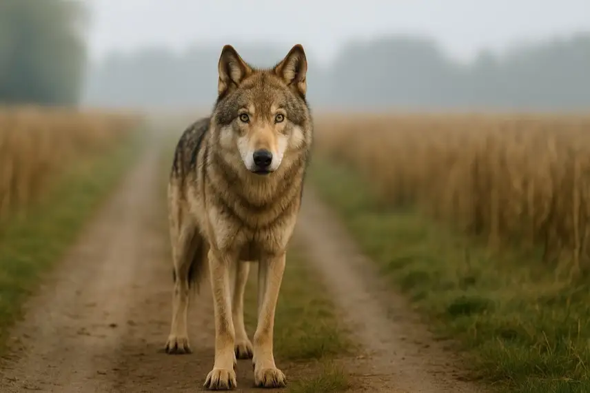 Herbstliche Wiesenlandschaft mit leichtem Nebel, im Vordergrund ein Holzzaun, im Hintergrund unscharfe Bäume – symbolisches Bild für Wolfsvorkommen in ländlicher Region.