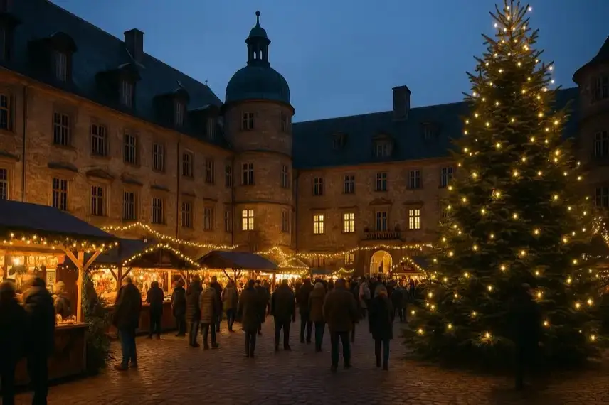 Winterlicher Schlossinnenhof mit generischen Gebäuden, warmen Lichtern und schneebedecktem Boden, ohne Menschen.