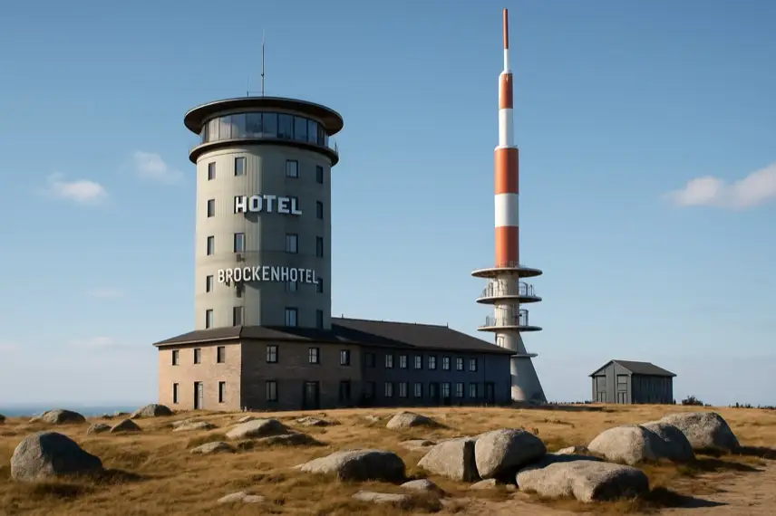 Fotorealistische Darstellung eines einsamen Gebäudes auf einem nebligen Bergplateau ohne Menschen