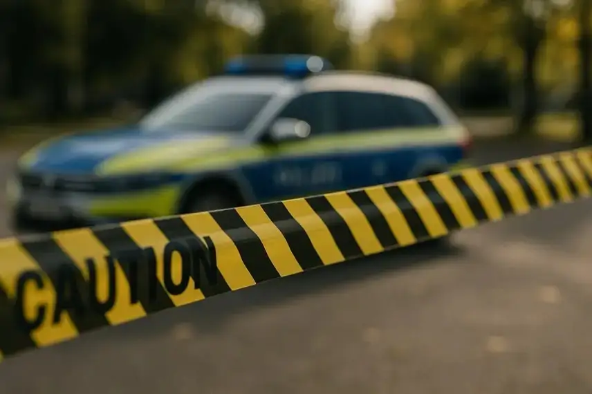 Absperrband im Vordergrund, dahinter unscharfe Blaulichter eines Einsatzfahrzeugs, keine Personen sichtbar.