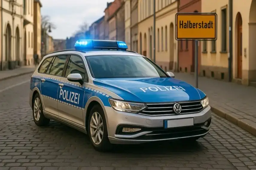 Deutsches Polizeiauto fährt über eine gepflasterte Straße in einer Stadt, im Hintergrund Gebäude und ein Ortsschild „Halberstadt“.