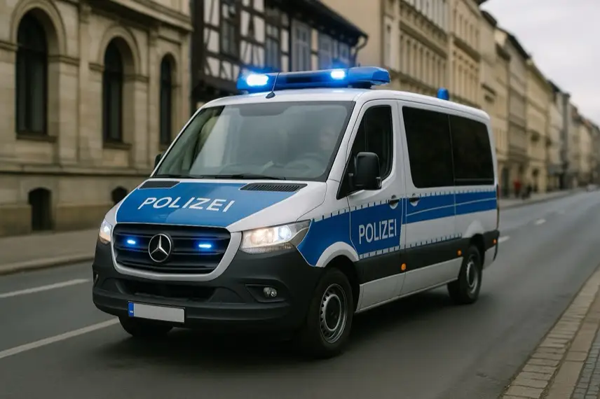 Fotorealistisches Bild eines blauen und weißen Polizeibusses, der auf einer städtischen Straße fährt, mit alten Gebäuden im Hintergrund.