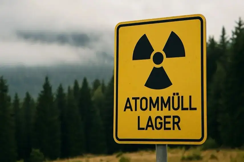 Landschaft mit Wald und Hügeln, im Hintergrund ein geologischer Bohrturm in neutraler Umgebung.