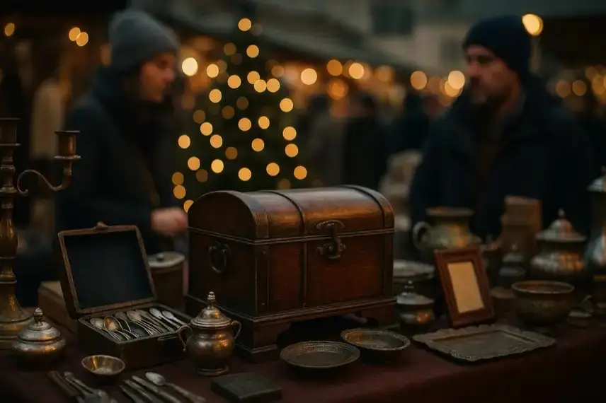 Innenraum einer hell ausgeleuchteten Halle mit Tischen voller Flohmarktgegenstände wie Porzellan, Büchern und Dekorationsartikeln, ohne erkennbare Personen.