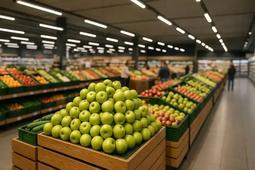 Große Obst- und Gemüsetheke in einem modernen Supermarkt mit grünen Äpfeln im Vordergrund und hell beleuchteten Regalen im Hintergrund.