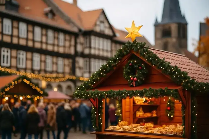 Ein festlich geschmückter Weihnachtsmarktstand mit Lichterkette und Kranz auf einem historischen Marktplatz mit Fachwerkhäusern im Hintergrund.