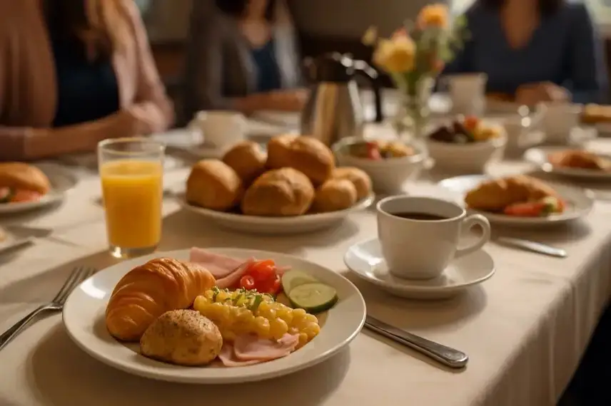 Frühstückstisch mit Croissant, Rührei, Kaffee und Orangensaft, im Hintergrund unscharfe Personen in heller Umgebung.