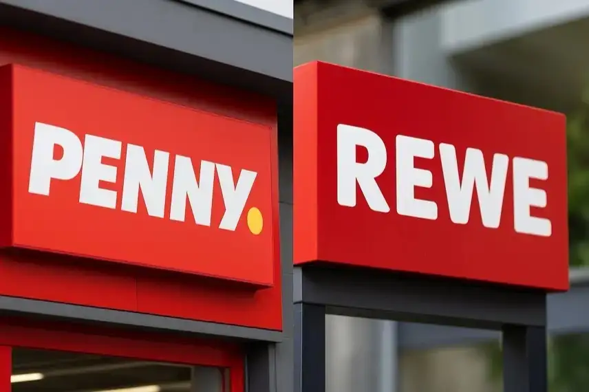 Zwei rote Ladenschilder von Penny und Rewe nebeneinander an Gebäudefassaden, leicht unscharf fotografiert.