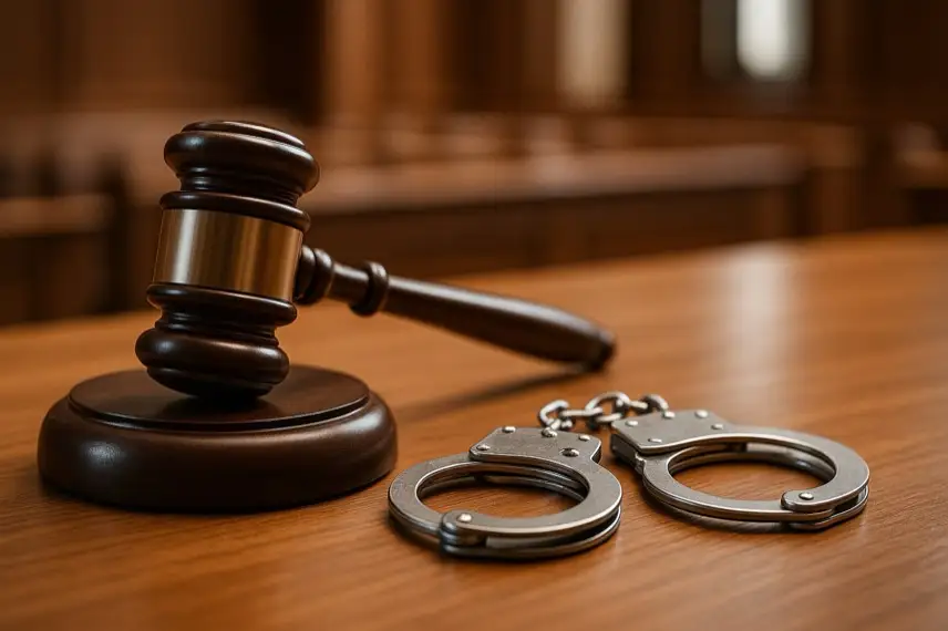 Holzrichterhammer und silberne Handschellen liegen auf einem Tisch in einem Gerichtssaal.