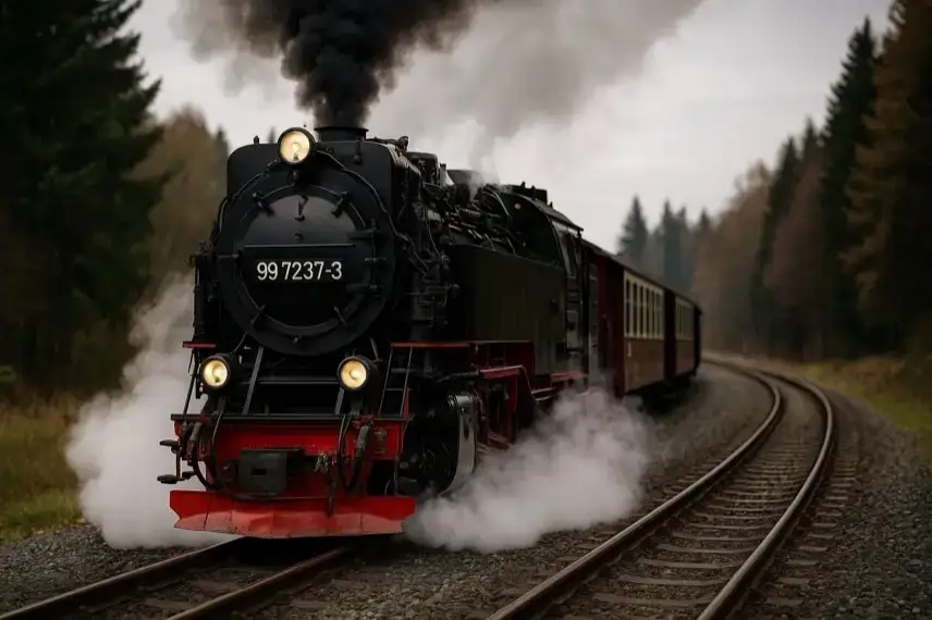 Dampflok fährt auf einer Bahnstrecke durch den nebligen, herbstlichen Wald im Harz.