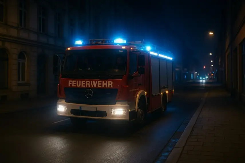 Ein rotes Feuerwehrauto mit eingeschaltetem Blaulicht fährt nachts durch eine leere Stadtstraße.