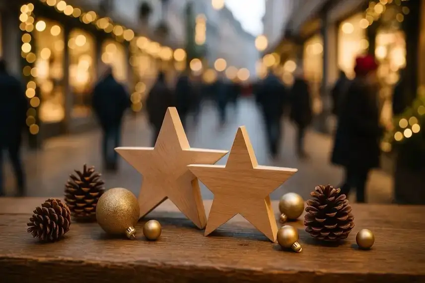 Holzsterne, Tannenzapfen und goldene Weihnachtskugeln auf einem Holztisch mit unscharf beleuchteter Einkaufsstraße im Hintergrund.