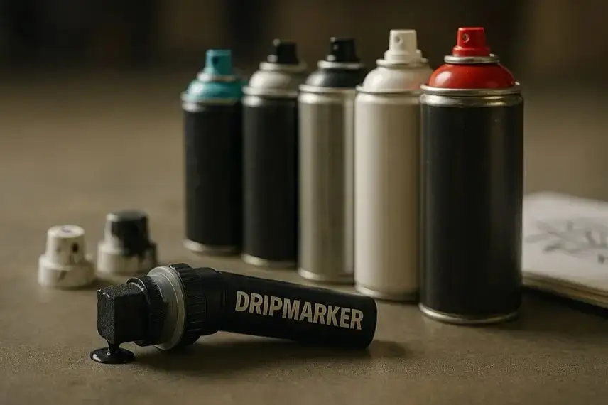 Mehrere Spraydosen und ein schwarzer Farbstift liegen auf einem Betonboden, im Hintergrund leicht unscharf weitere Werkzeuge für Graffiti.