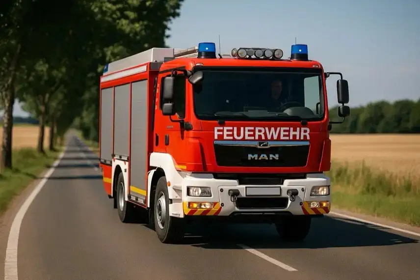 Ein orangefarbenes Feuerwehrauto steht vor einem im Bau befindlichen, modernen Feuerwehrhaus mit rotem Mauerwerk und Gerüst bei sonnigem Wetter.