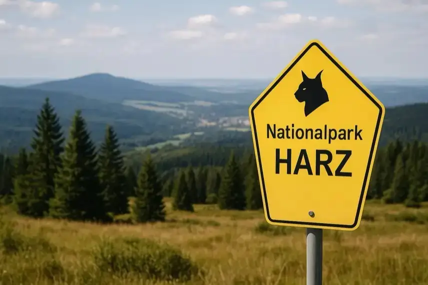 Landschaft im Harz mit grünen Wäldern, Bergen und einem gelben Nationalpark-Schild im Vordergrund.