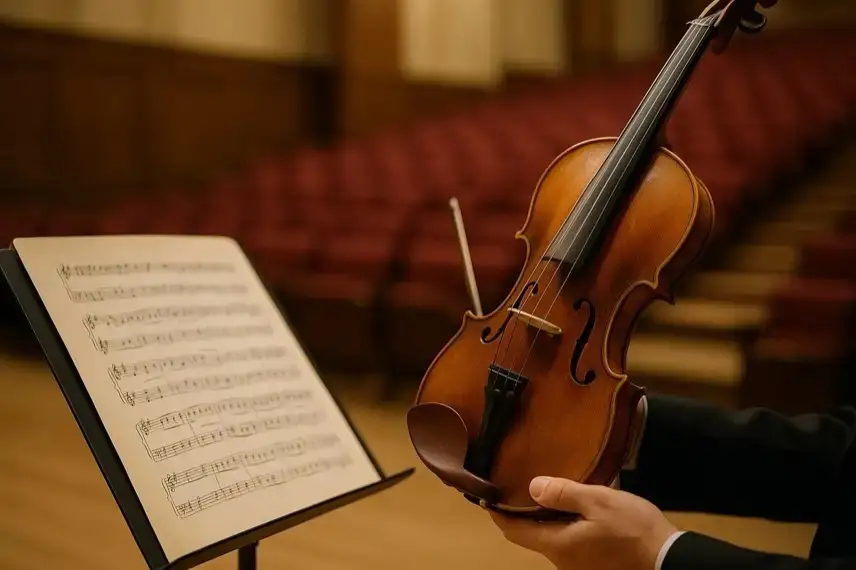 Eine Hand hält eine Violine neben einem Notenblatt in einem leeren Konzertsaal mit roten Sitzen.