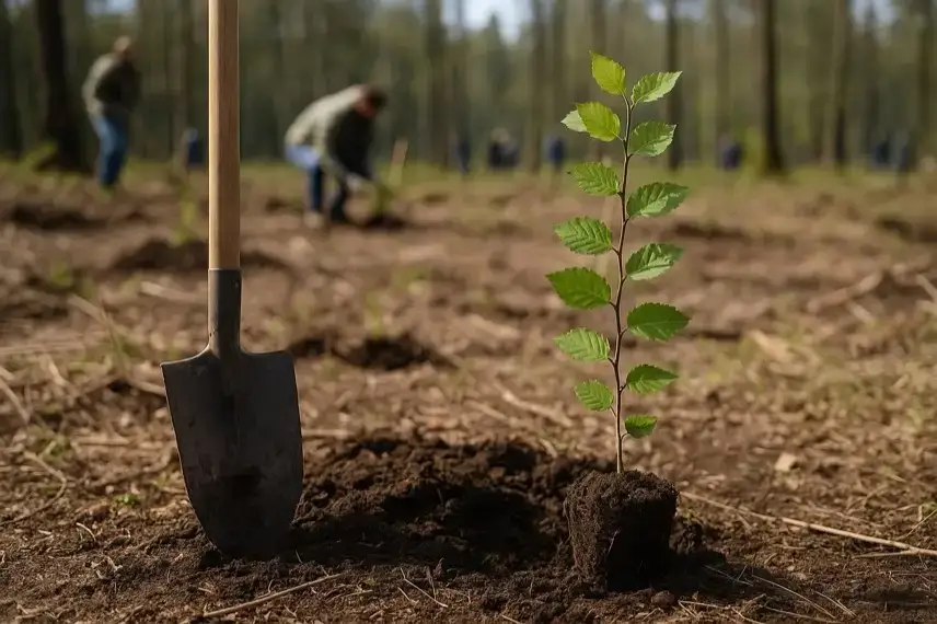 Ein kleiner Baumsetzling steht in frisch aufgelockerter Erde neben einem Spaten, im Hintergrund pflanzen Menschen weitere Bäume im Wald.