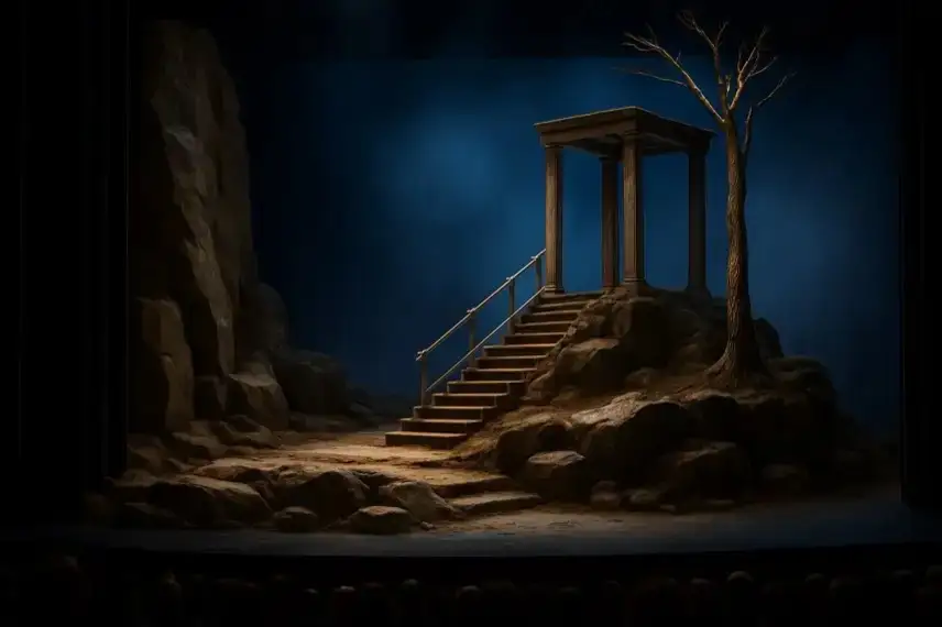 Fotorealistische Bühnenlandschaft mit Felsen, Treppe und Säulenstruktur, dramatisch beleuchtet vor blauem Hintergrund.