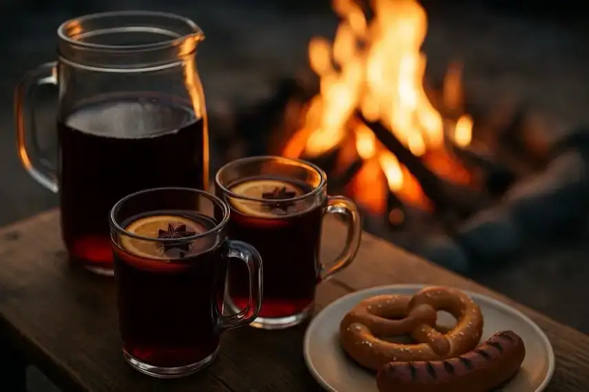 Zwei Gläser mit Glühwein, eine Kanne, eine Brezel und eine Bratwurst liegen auf einem Holztisch vor einem brennenden Lagerfeuer.