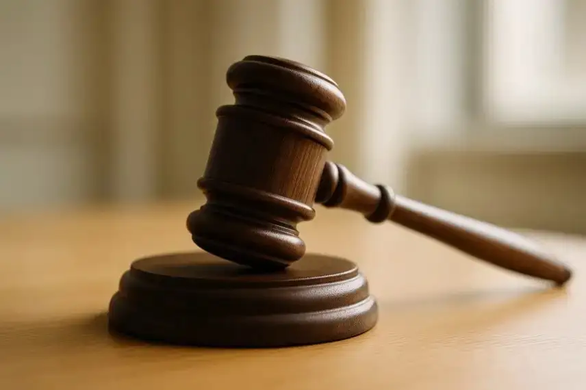 Ein hölzerner Richterhammer liegt auf einer Holzunterlage in einem hellen Raum.